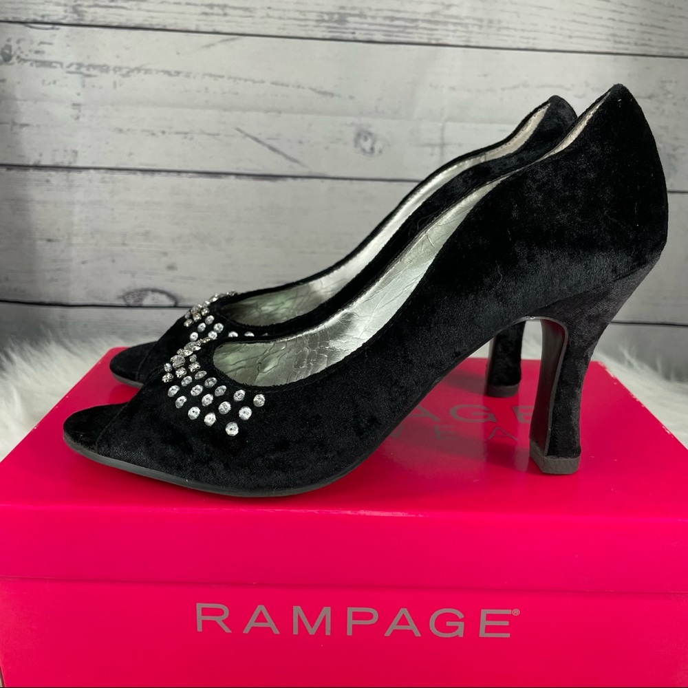 RAMPAGE Velvet Rhinestone Peep Toe Heels, Black, Original Box - Picture 5 of 11